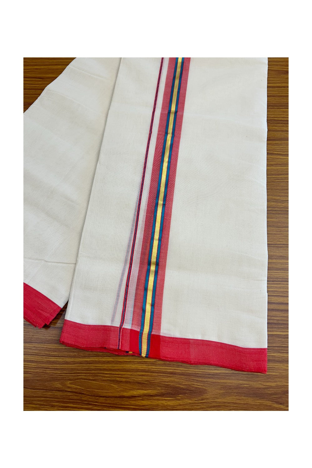 8% DISCOUNT!! KaithariKada HANDLOOM Millpaav Balaramapuram - 100% PURE Cotton OFF White - (Unbleached) Double Mundu/Dothi - 2 Inch PEACOCK BLUE GOLD KASAVU & RED Stripes Kara - 40KK5029RAM