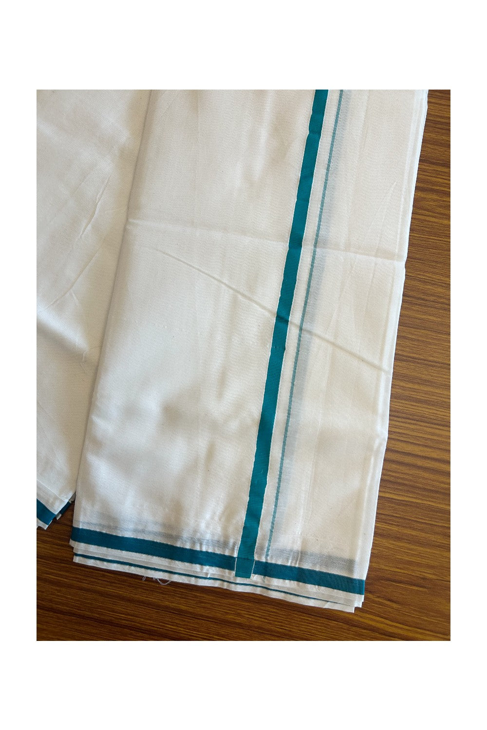 KaithariKada Cotton Mix PURE White  Double  Dhoti/Mundu -   2.25 cm PEACOCK GREEN Kara.