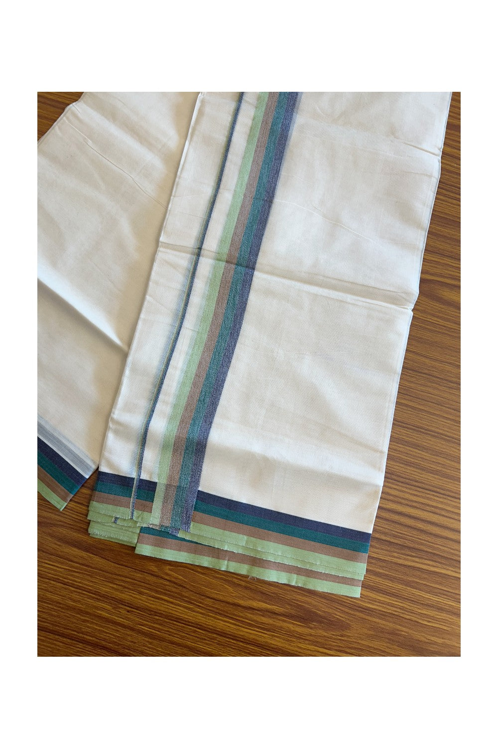 20% DISCOUNT ! KaithariKada Balaramapuram 100% Cotton off white (Unbleached) Double  Mundu/Dhoti - 100X90 - 2.75 inch Multi Colour kara - 40KK5113PMC