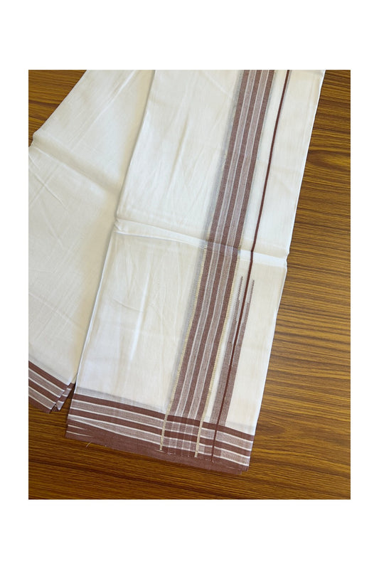 20% DISCOUNT!! Kaitharikada Balaramapuram 100% Cotton PURE WHITE Double Mundu/Dothi - 80X90 - 1.75 Inch Silver Kasav Walnut Brown Stripes Chuty Kara 3.70 m (8 Muzham) - 59KK5115THI