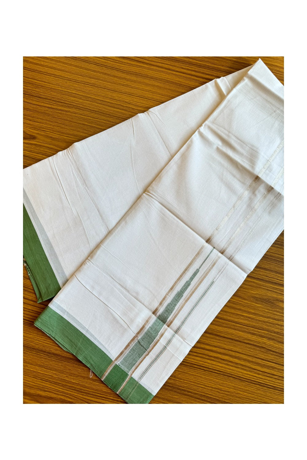 21% DISCOUNT!! Kaitharikada Balaramapuram 100% Cotton PURE WHITE Double Mundu/Dothi-100x100 Puliyilakkara CHUTTY 1.75 Inch Light Green & SILVER STRIPED Cotton Kara - 41KK424CEE