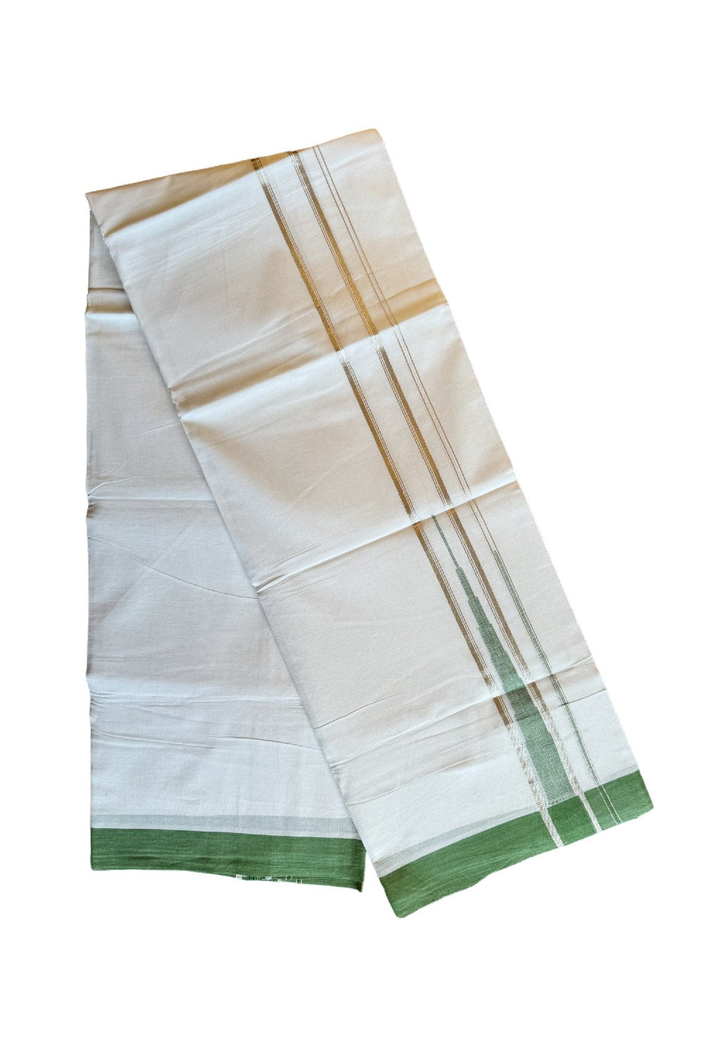 21% DISCOUNT!! Kaitharikada Balaramapuram 100% Cotton PURE WHITE Double Mundu/Dothi-100x100 Puliyilakkara CHUTTY 1.75 Inch Light Green & SILVER STRIPED Cotton Kara - 41KK424CEE