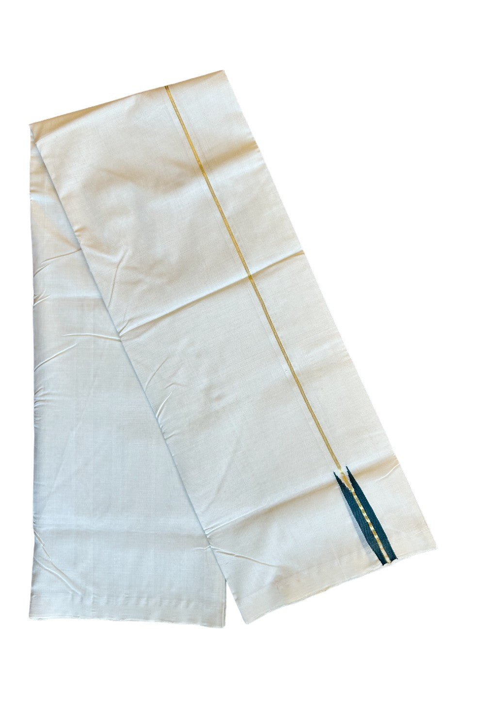 20% Discount KaithariKada HANDLOOM UNAKKUPAAV Balaramapuram - 100% PURE Cotton off white (Unbleached) Double Mundu/Dhoti -  Puliyilakkara 1.5 cm Kasavu & Dark green Chutty - 41KK456KK