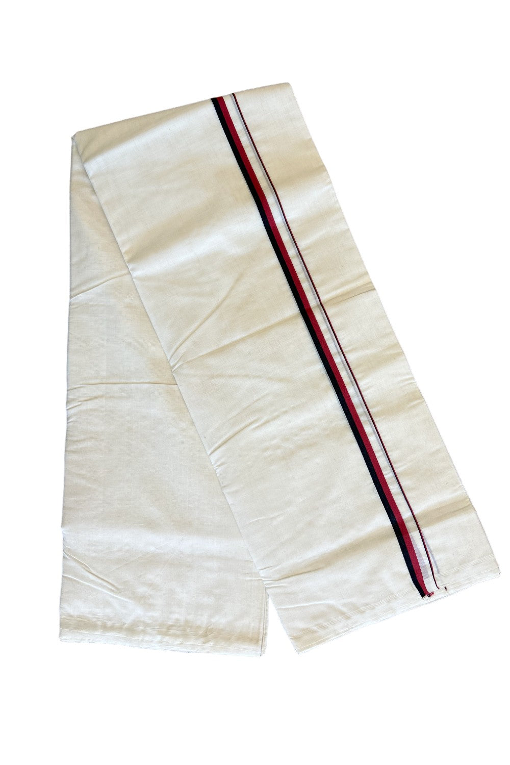 DMK Veshti - 15% Discount!!! KaithariKada HANDLOOM UNAKKUPAAV Balaramapuram - 100% PURE Cotton off white (Unbleached) Double Mundu/Dhoti - Maroon Red & Black kara DMK - 41KK458SOM