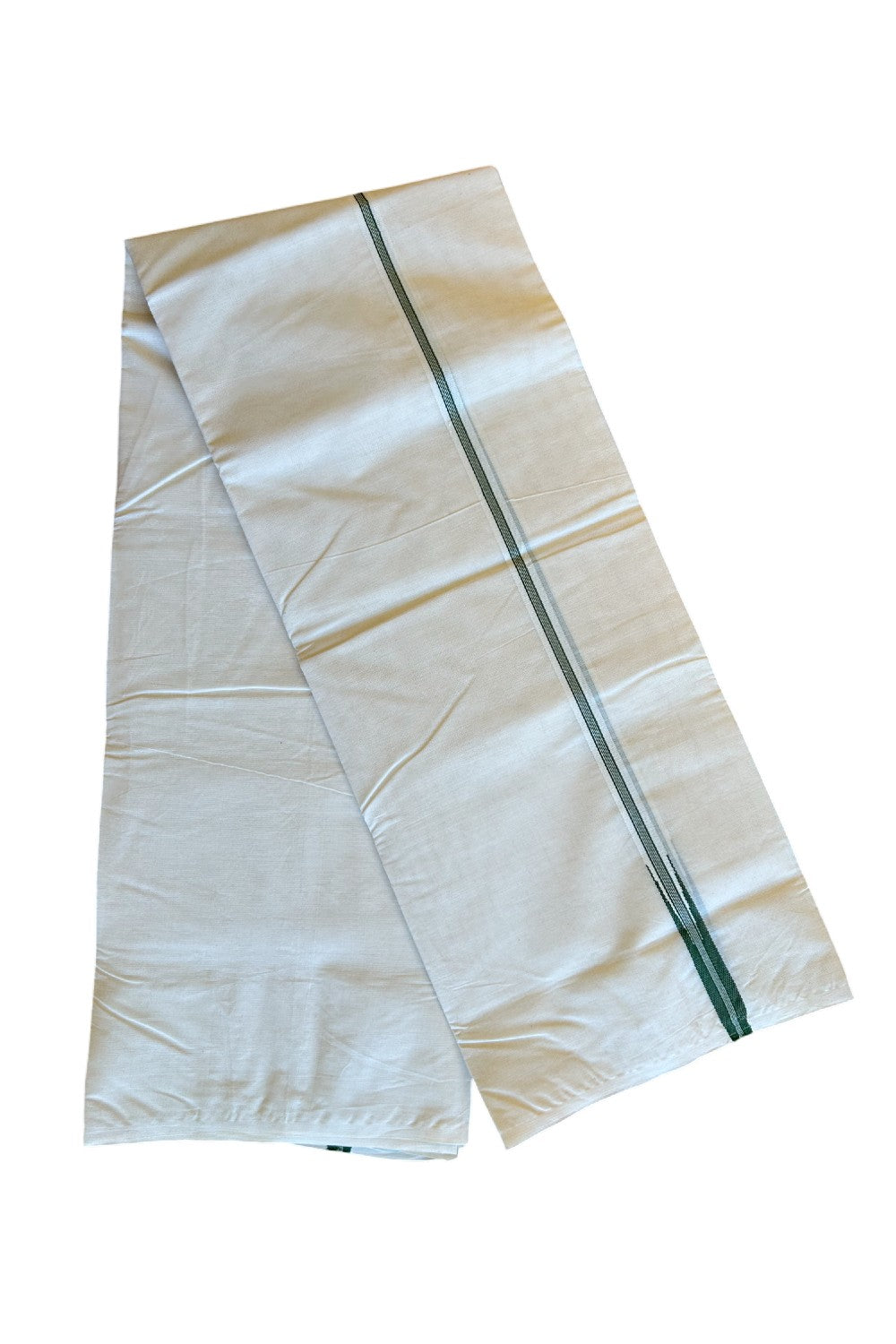 30% Discount ! KaithariKada Balaramapuram 100% Cotton Double Off white Mundu/Dhoti-100x100 Puliyilakkara 1.5.cm Chutty Green Striped kara - 41KK500KK