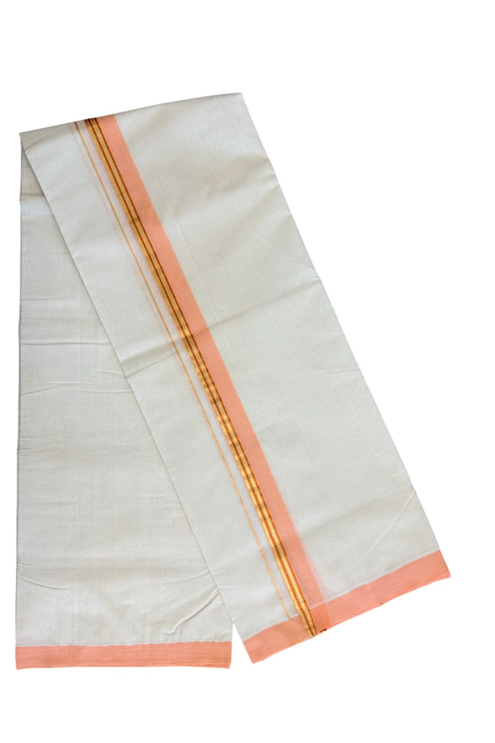 8% DISCOUNT!! KaithariKada HANDLOOM Millpaav Balaramapuram - 100% PURE Cotton OFF White - (Unbleached) Double Mundu/Dothi - 1.75 Orange Gold Kasavu & Copper Stripes Kara - 41KK5029RAM