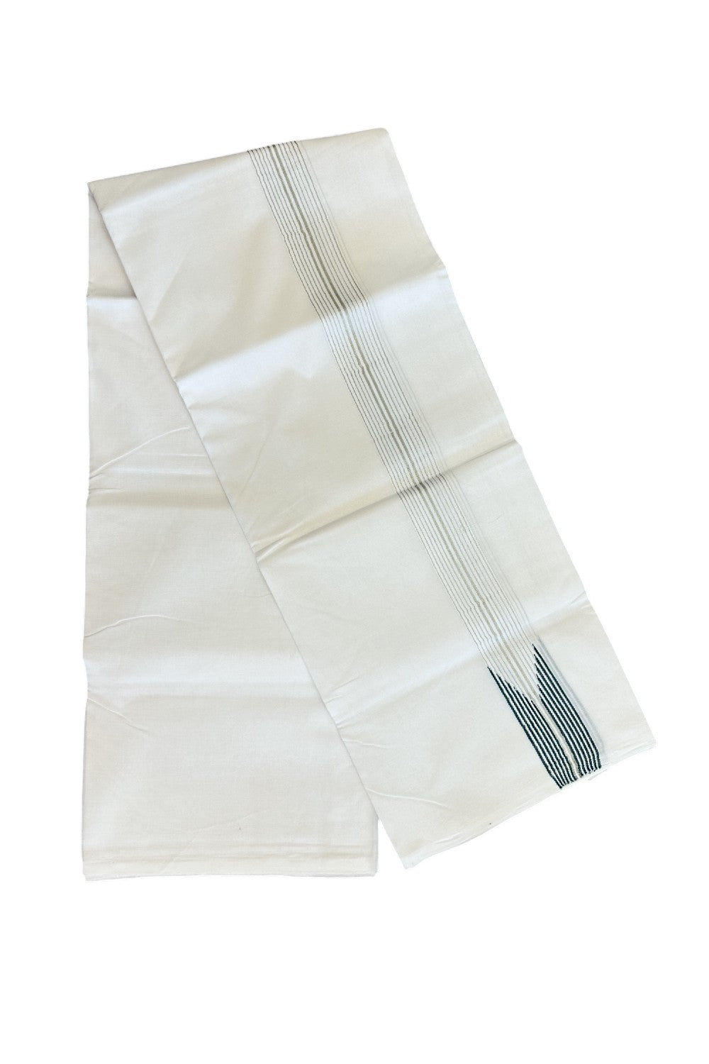 26% DISCOUNT ! KaithariKada Balaramapuram 100% Cotton PURE WHITE Double Dhoti/Mundu-  1.25 inch 12 Line Puliyilakkara Chutty Green & Silver Kasavu Kara - 41KK5043ASH