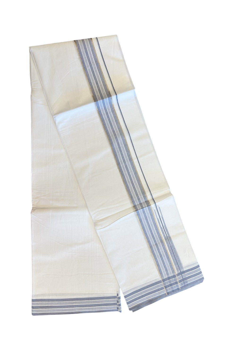 20% DISCOUNT!! Kaitharikada Balaramapuram 100% Cotton PURE WHITE Double Mundu/Dothi - 80X90 - 1.75 Inch Silver Kasav Ash Blue Stripes Chutty Kara 3.70 m (8 Muzham) - 60KK5115THI