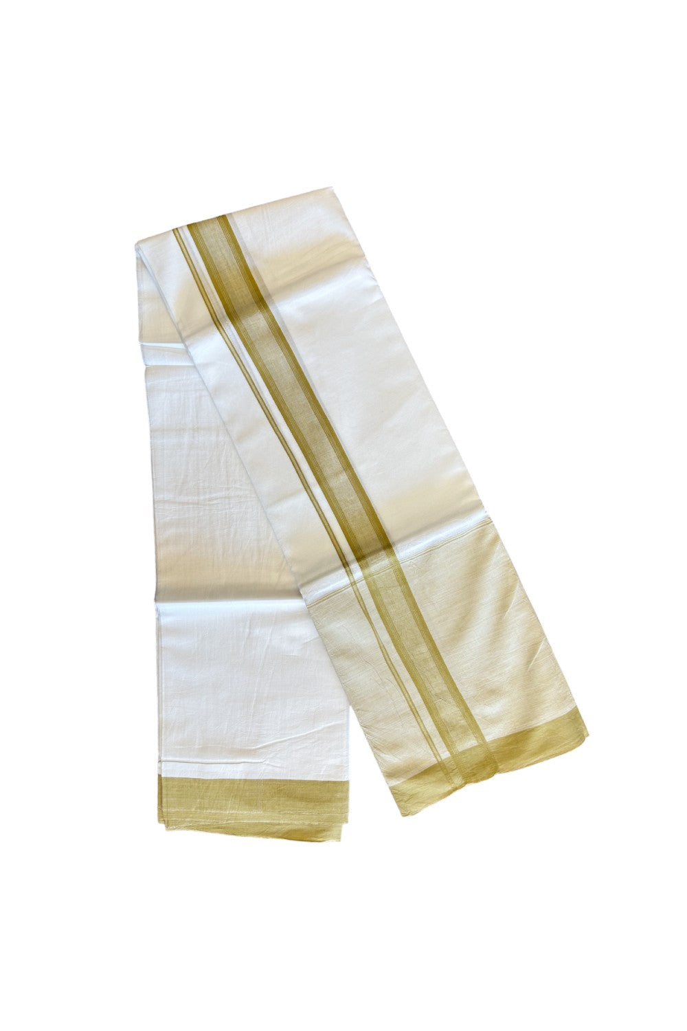 15% DISCOUNT!! Kaitharikada Balaramapuram 100% Cotton Ultra WHITE Double Mundu/Dothi-100x100   2 Inch LIGHT YELLOW SHADED Cotton Kara - 41KK74RAM