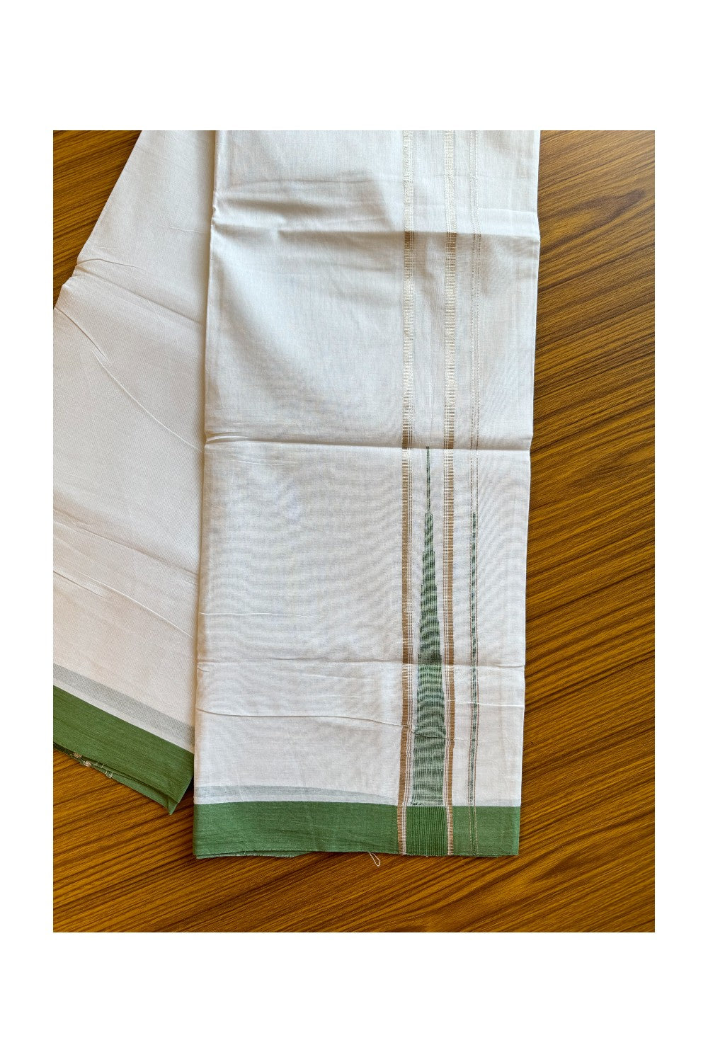 21% DISCOUNT!! Kaitharikada Balaramapuram 100% Cotton PURE WHITE Double Mundu/Dothi-100x100 Puliyilakkara CHUTTY 1.75 Inch Light Green & SILVER STRIPED Cotton Kara - 41KK424CEE