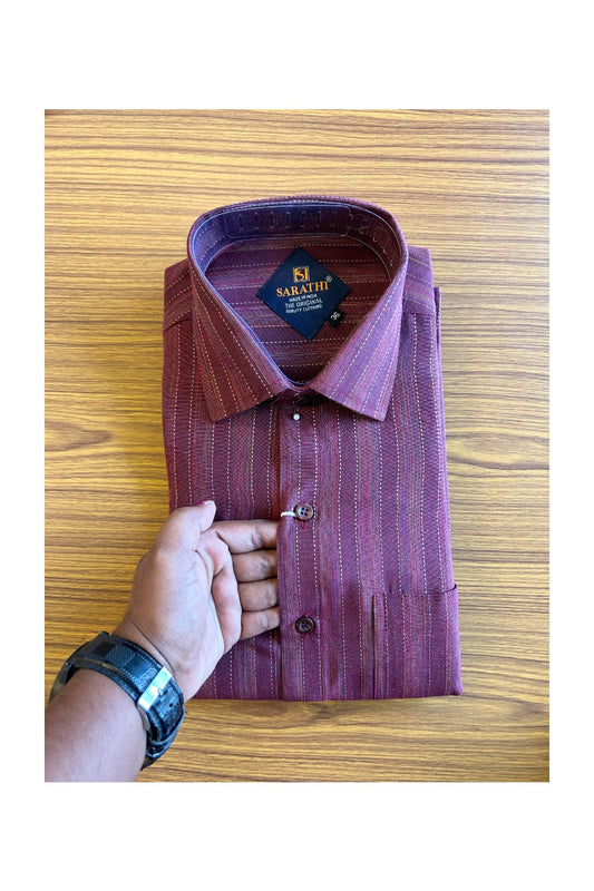 NEW !! Kaitharikada- 100% Pure Cotton  Maroon Striped Sarathi The Orginal Quality Clothing  Full Sleeve Shirt.- 41KK445SAR