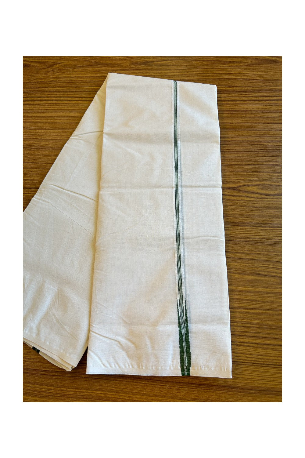 30% Discount ! KaithariKada Balaramapuram 100% Cotton Double Off white Mundu/Dhoti-100x100 Puliyilakkara 1.5.cm Chutty Green Striped kara - 41KK500KK