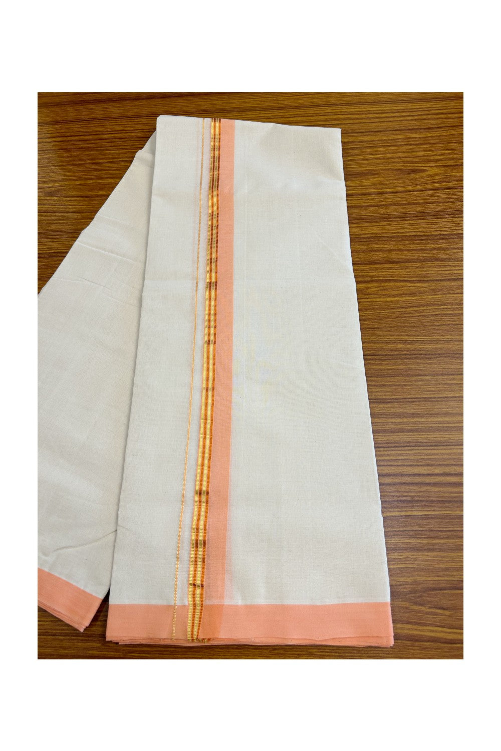 8% DISCOUNT!! KaithariKada HANDLOOM Millpaav Balaramapuram - 100% PURE Cotton OFF White - (Unbleached) Double Mundu/Dothi - 1.75 Orange Gold Kasavu & Copper Stripes Kara - 41KK5029RAM