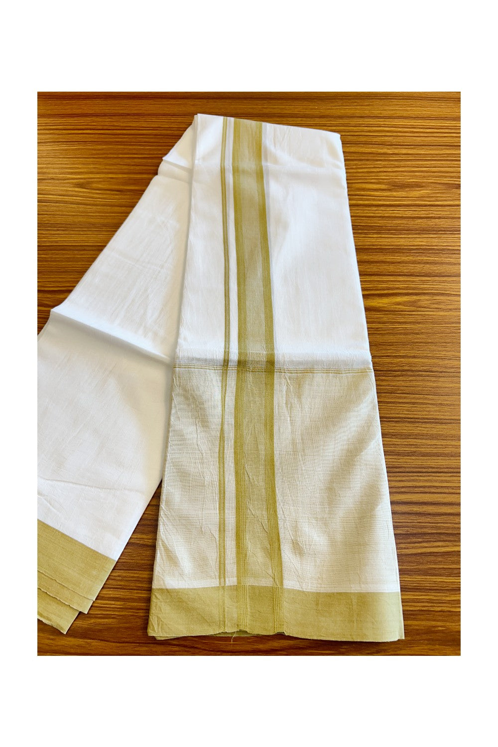 15% DISCOUNT!! Kaitharikada Balaramapuram 100% Cotton Ultra WHITE Double Mundu/Dothi-100x100   2 Inch LIGHT YELLOW SHADED Cotton Kara - 41KK74RAM