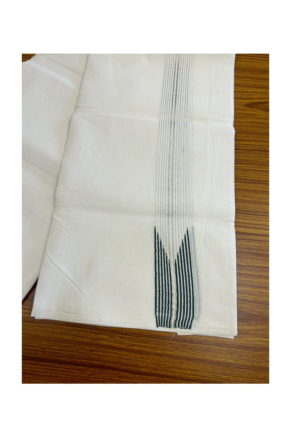 26% DISCOUNT ! KaithariKada Balaramapuram 100% Cotton PURE WHITE Double Dhoti/Mundu-  1.25 inch 12 Line Puliyilakkara Chutty Green & Silver Kasavu Kara - 41KK5043ASH