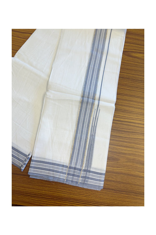 20% DISCOUNT!! Kaitharikada Balaramapuram 100% Cotton PURE WHITE Double Mundu/Dothi - 80X90 - 1.75 Inch Silver Kasav Ash Blue Stripes Chutty Kara 3.70 m (8 Muzham) - 60KK5115THI