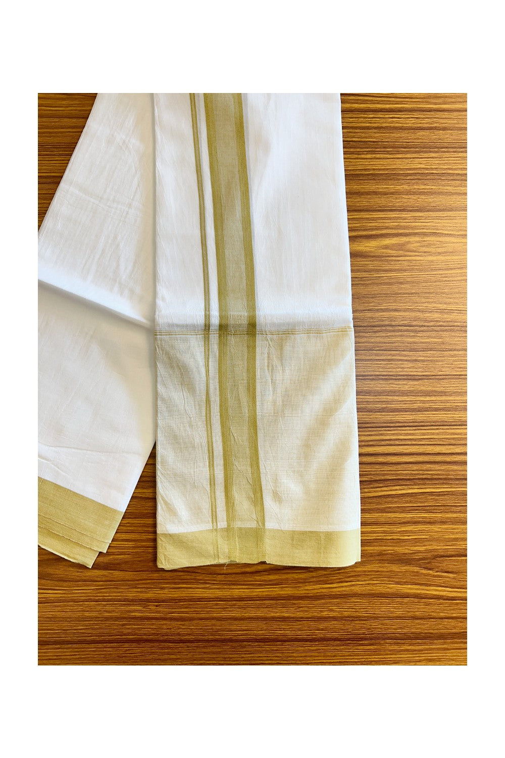 15% DISCOUNT!! Kaitharikada Balaramapuram 100% Cotton Ultra WHITE Double Mundu/Dothi-100x100   2 Inch LIGHT YELLOW SHADED Cotton Kara - 41KK74RAM