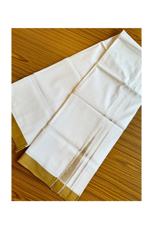 21% DISCOUNT!! Kaitharikada Balaramapuram 100% Cotton PURE WHITE Double Mundu/Dothi-100x100 Puliyilakkara CHUTTY 1.75 Inch Yellow Brown & SILVER STRIPED Cotton Kara - 42KK424CEE