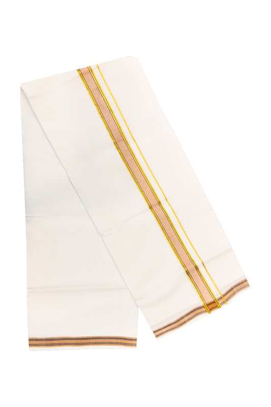 20% OFFER! KaithariKada 100% Cotton Balaramapuram HANDLOOM Single PURE WHITE Mundu/Dhoti - 1.75 inch (2 meter / 4 muzham) Light Brown Kasavu Kara & Stripes  - 42KAI.