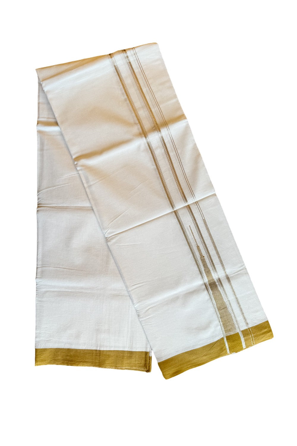 21% DISCOUNT!! Kaitharikada Balaramapuram 100% Cotton PURE WHITE Double Mundu/Dothi-100x100 Puliyilakkara CHUTTY 1.75 Inch Yellow Brown & SILVER STRIPED Cotton Kara - 42KK424CEE