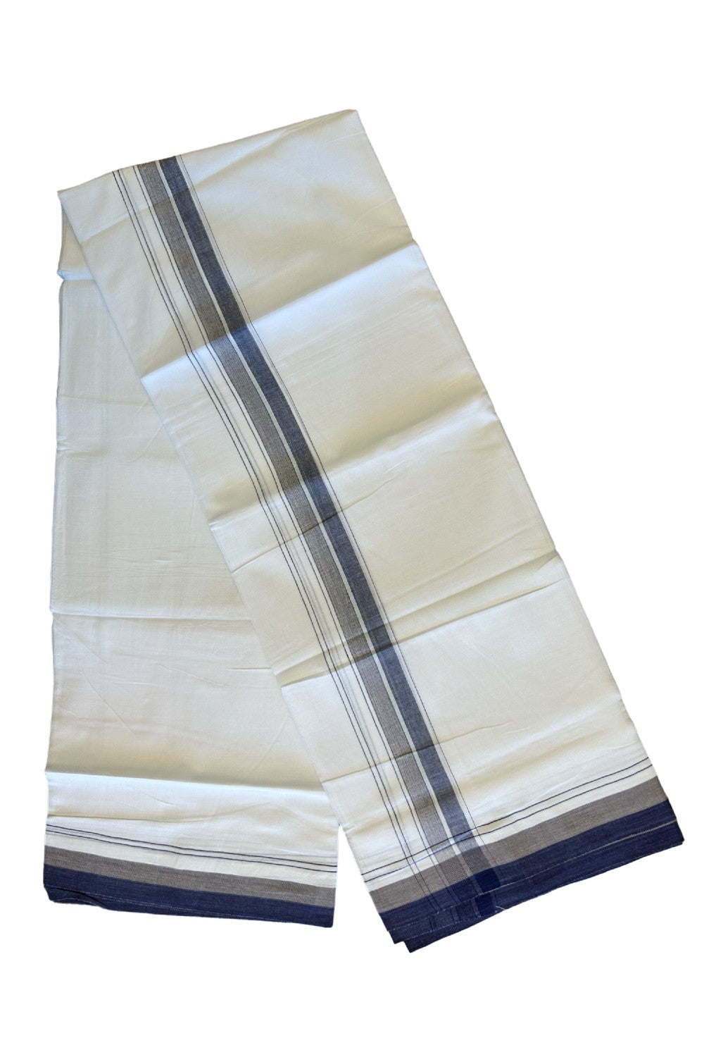 15% DISCOUNT!! Kaitharikada Balaramapuram 100% Cotton Ultra WHITE Double Mundu/Dothi-100x90  2.5 inch Navy Blue shaded stripes kara - 42KK430VAS