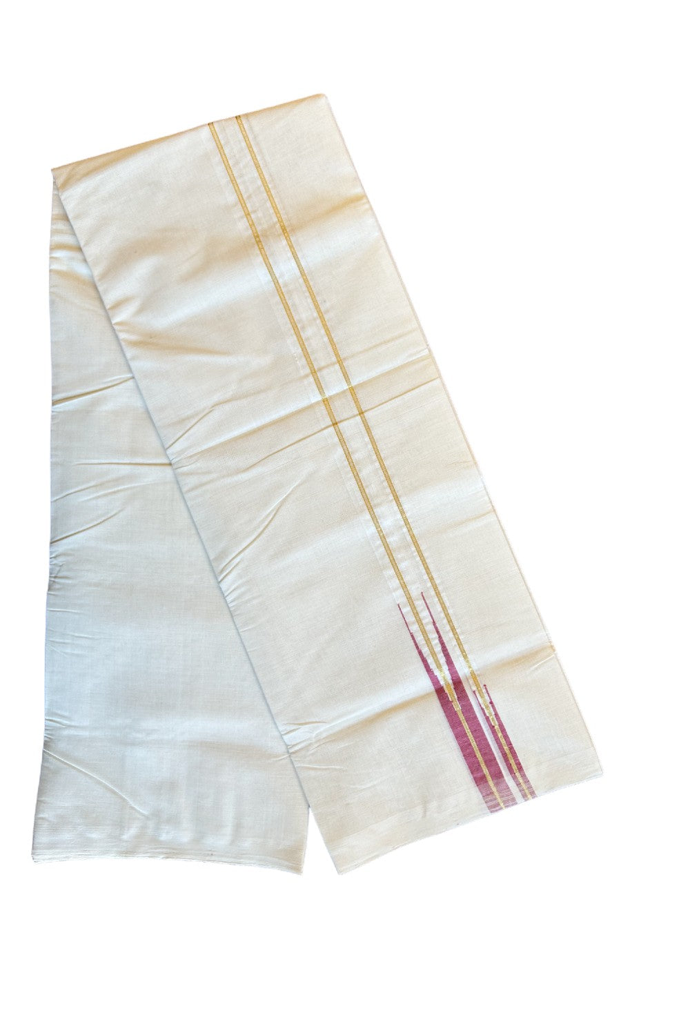 20% Discount KaithariKada HANDLOOM Millpaav Balaramapuram - 100% PURE Cotton Off white  - (Unbleached) Double Mundu/Dhoti -  Puliyilakkara 2.5 cm Kasavu & Red double Chutty - 42KK456KK