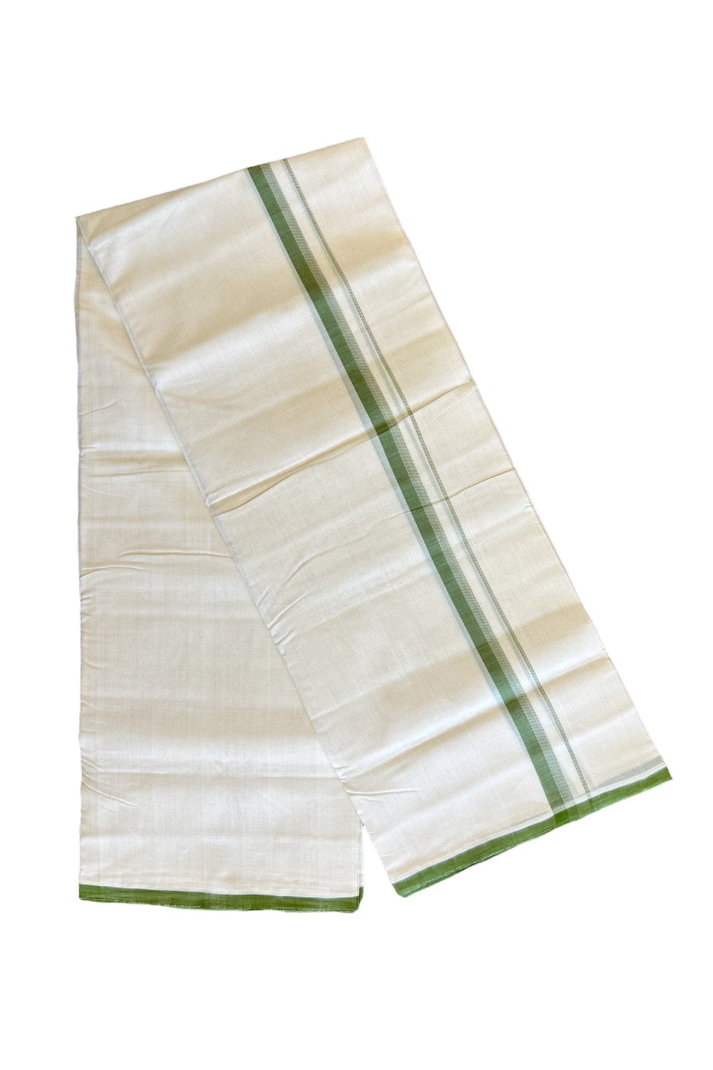 15% Discount!!! KaithariKada HANDLOOM UNAKKUPAAV Balaramapuram - 100% PURE Cotton off white (Unbleached) Double Mundu/Dhoti - Olive green & white stripes kara - 42KK458SOM