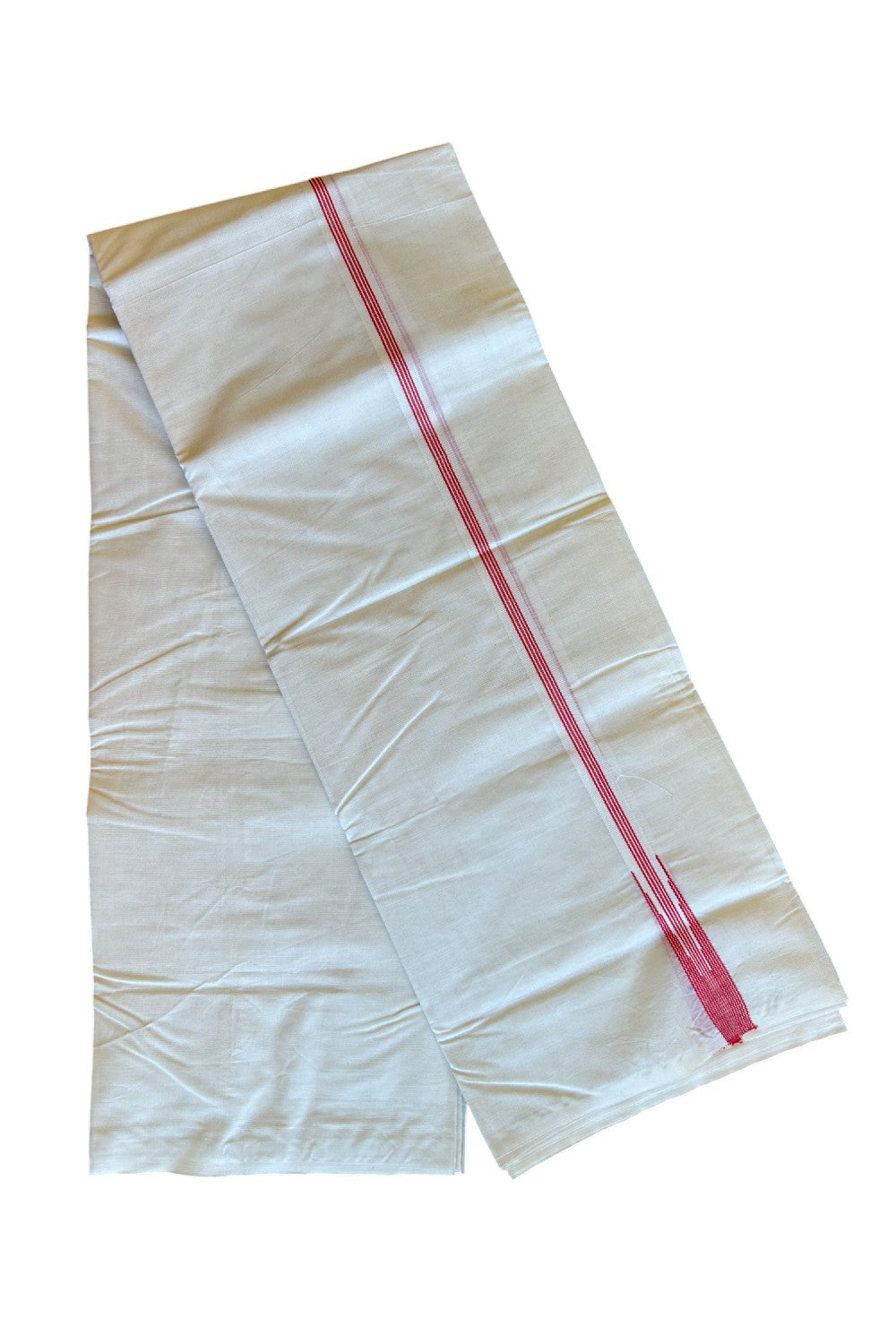 10% Discount ! KaithariKada Balaramapuram 100% Cotton Double Off white Mundu/Dhoti-100x100 Puliyilakkara 2.cm Chutty Pink Red Striped kara - 42KK500KK