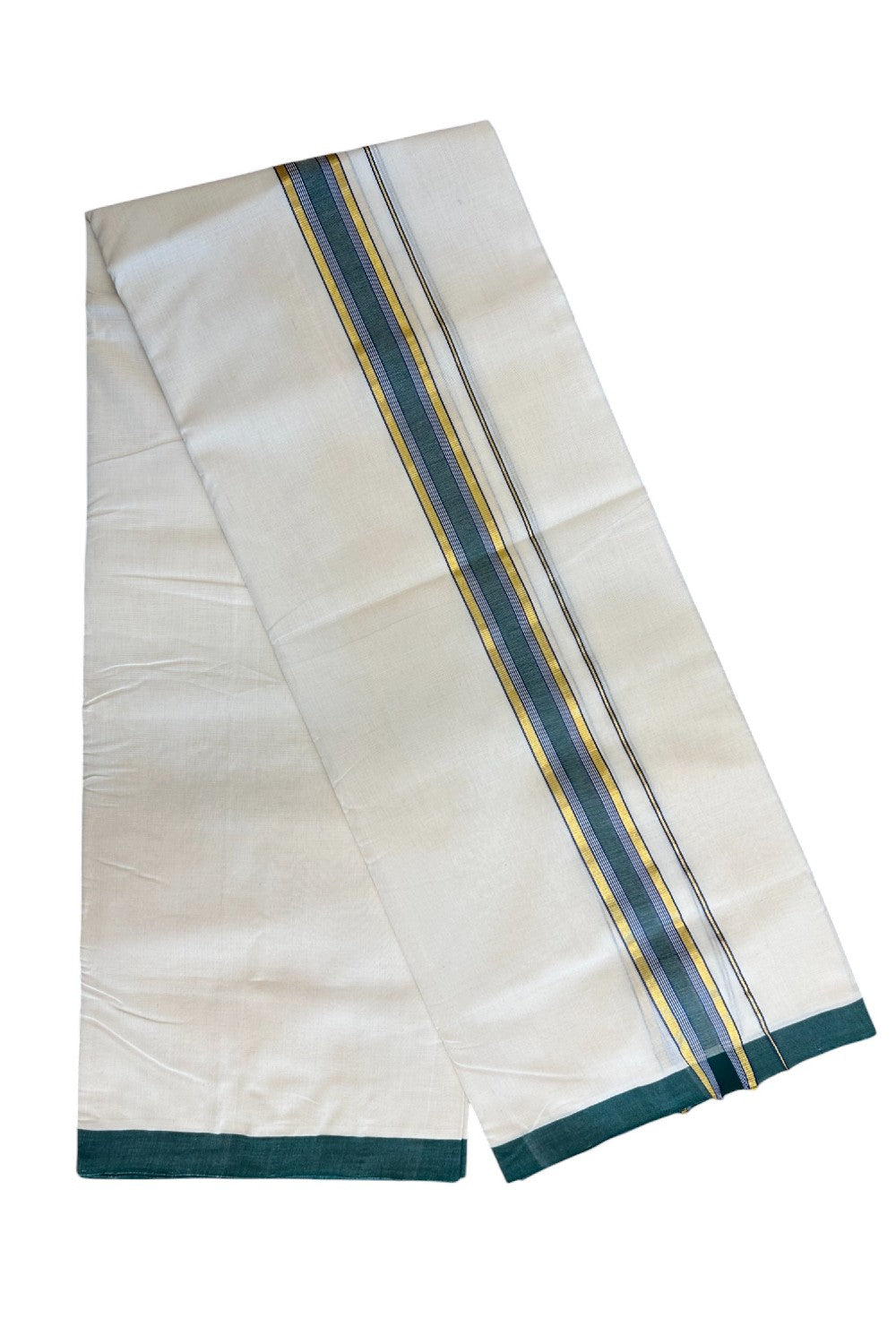 8% DISCOUNT!! KaithariKada HANDLOOM Millpaav Balaramapuram - 100% PURE Cotton OFF White Double - (Unbleached) Mundu/Dothi - 2.45 inch GREEN & GOLD KASAVU BLUE Stripes Kara - 42KK5029RAM