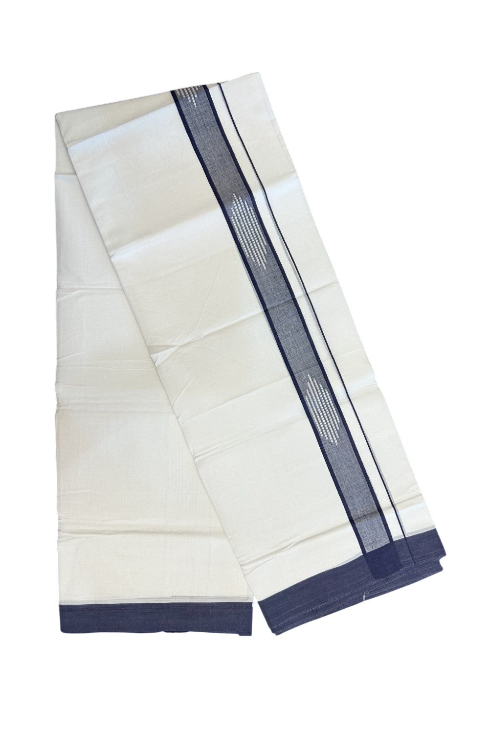 20% DISCOUNT! KaithariKada Balaramapuram Double PURE WHITE 100% Cotton Mundu/Dhoti - 100x80 - 1.5 inch Jacquard Navy Blue Kara Putta Design - 41KK5139THI