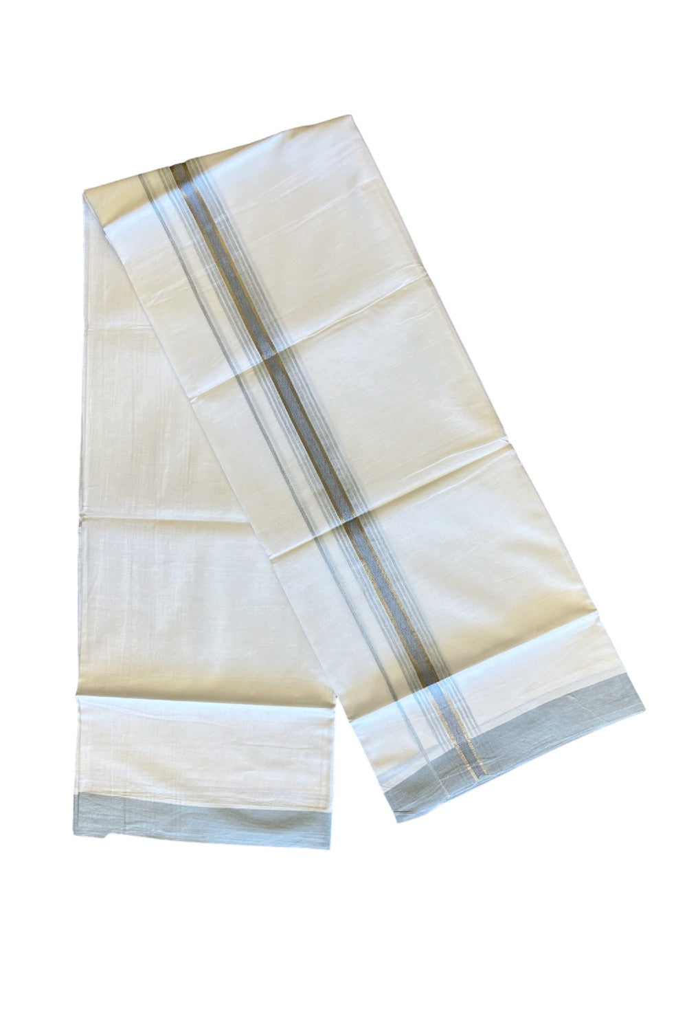 21% DISCOUNT!! Kaitharikada Balaramapuram 100% Cotton Ultra WHITE Double Mundu/Dothi-100x80  2.25 Inch ASH BLUE & SILVER Striped Cotton Kara - 42KK73VAS.