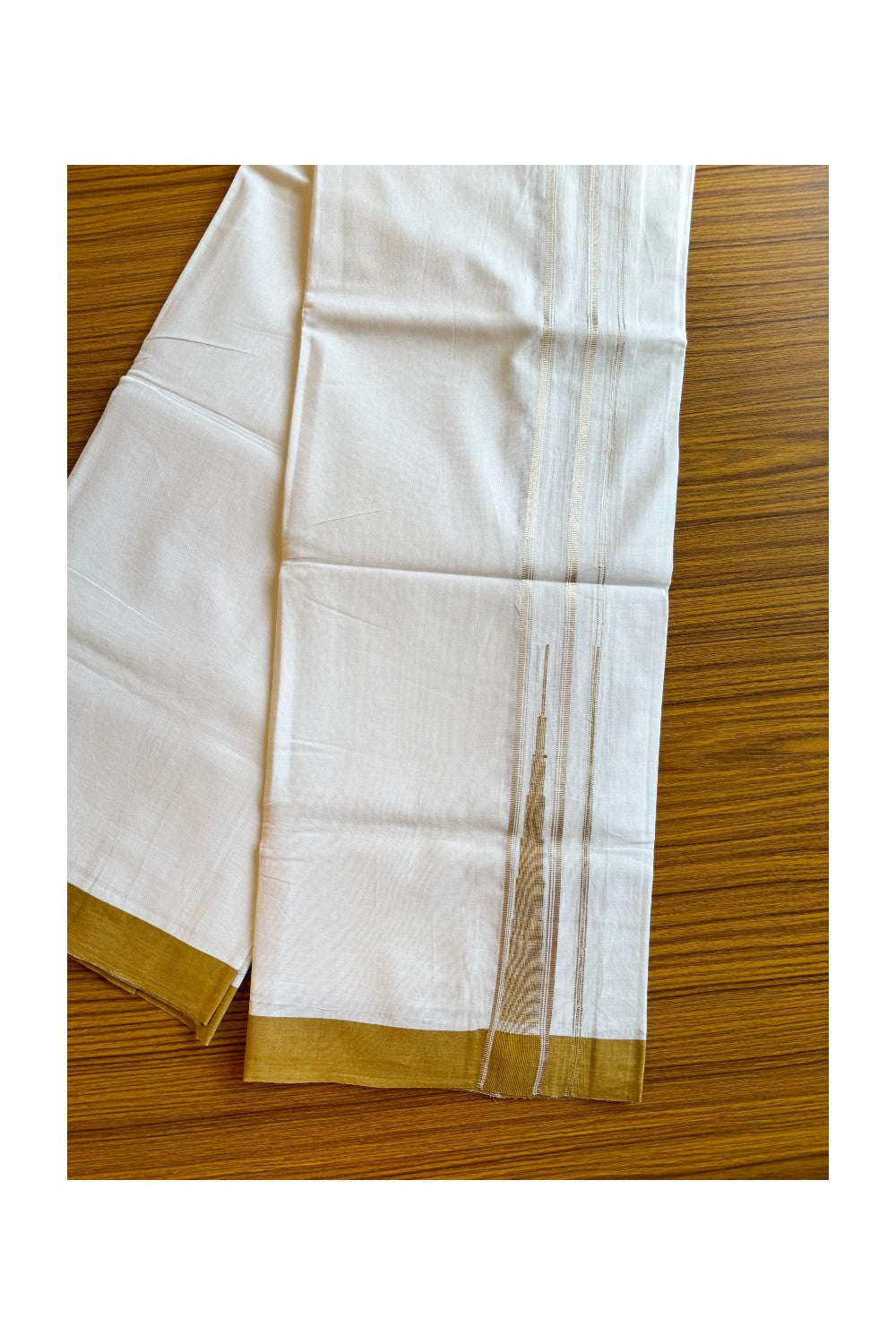 21% DISCOUNT!! Kaitharikada Balaramapuram 100% Cotton PURE WHITE Double Mundu/Dothi-100x100 Puliyilakkara CHUTTY 1.75 Inch Yellow Brown & SILVER STRIPED Cotton Kara - 42KK424CEE