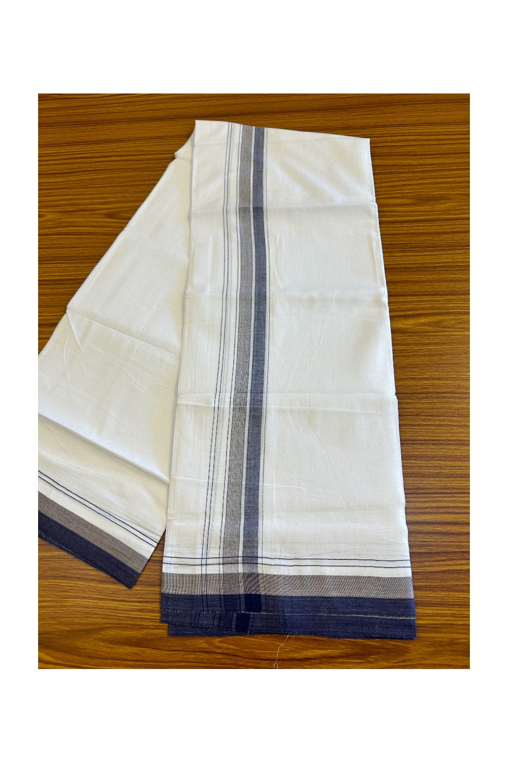 15% DISCOUNT!! Kaitharikada Balaramapuram 100% Cotton Ultra WHITE Double Mundu/Dothi-100x90  2.5 inch Navy Blue shaded stripes kara - 42KK430VAS