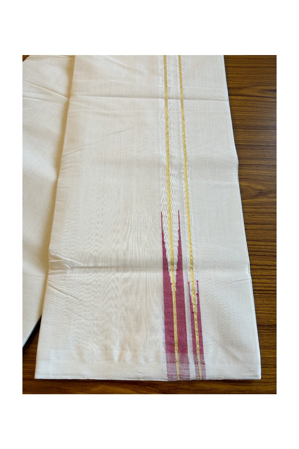 20% Discount KaithariKada HANDLOOM Millpaav Balaramapuram - 100% PURE Cotton Off white  - (Unbleached) Double Mundu/Dhoti -  Puliyilakkara 2.5 cm Kasavu & Red double Chutty - 42KK456KK