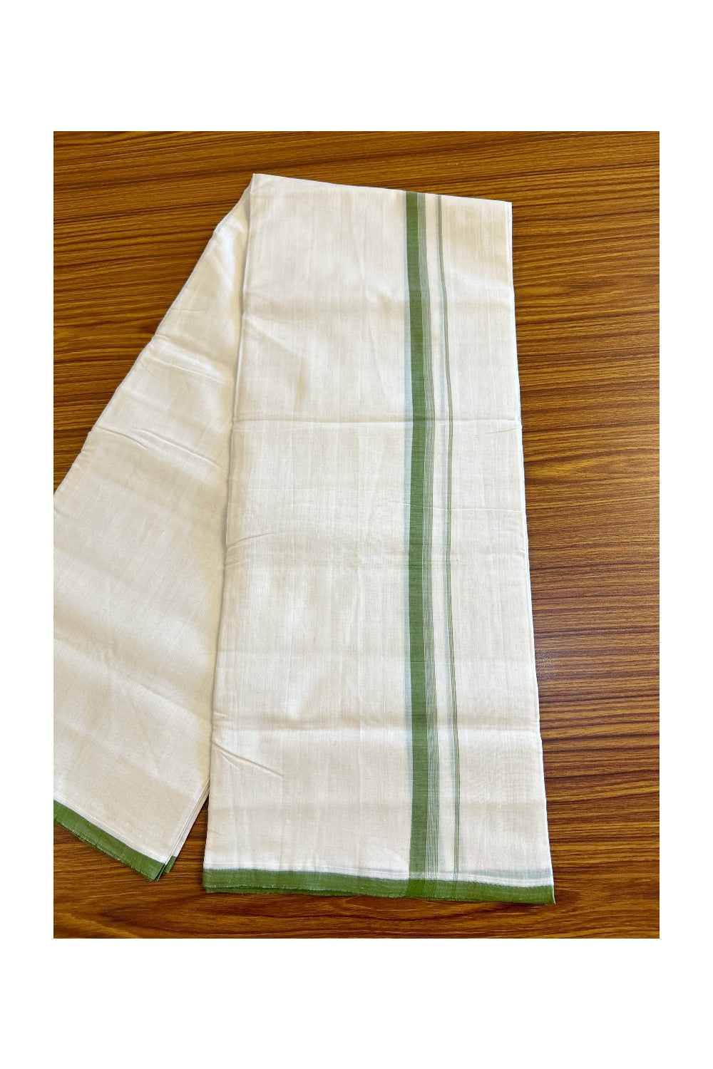 15% Discount!!! KaithariKada HANDLOOM UNAKKUPAAV Balaramapuram - 100% PURE Cotton off white (Unbleached) Double Mundu/Dhoti - Olive green & white stripes kara - 42KK458SOM