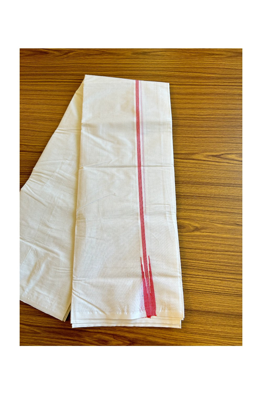 10% Discount ! KaithariKada Balaramapuram 100% Cotton Double Off white Mundu/Dhoti-100x100 Puliyilakkara 2.cm Chutty Pink Red Striped kara - 42KK500KK