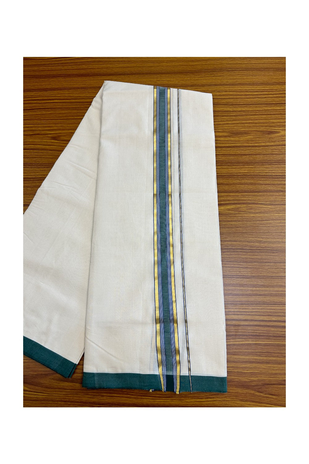 8% DISCOUNT!! KaithariKada HANDLOOM Millpaav Balaramapuram - 100% PURE Cotton OFF White Double - (Unbleached) Mundu/Dothi - 2.45 inch GREEN & GOLD KASAVU BLUE Stripes Kara - 42KK5029RAM