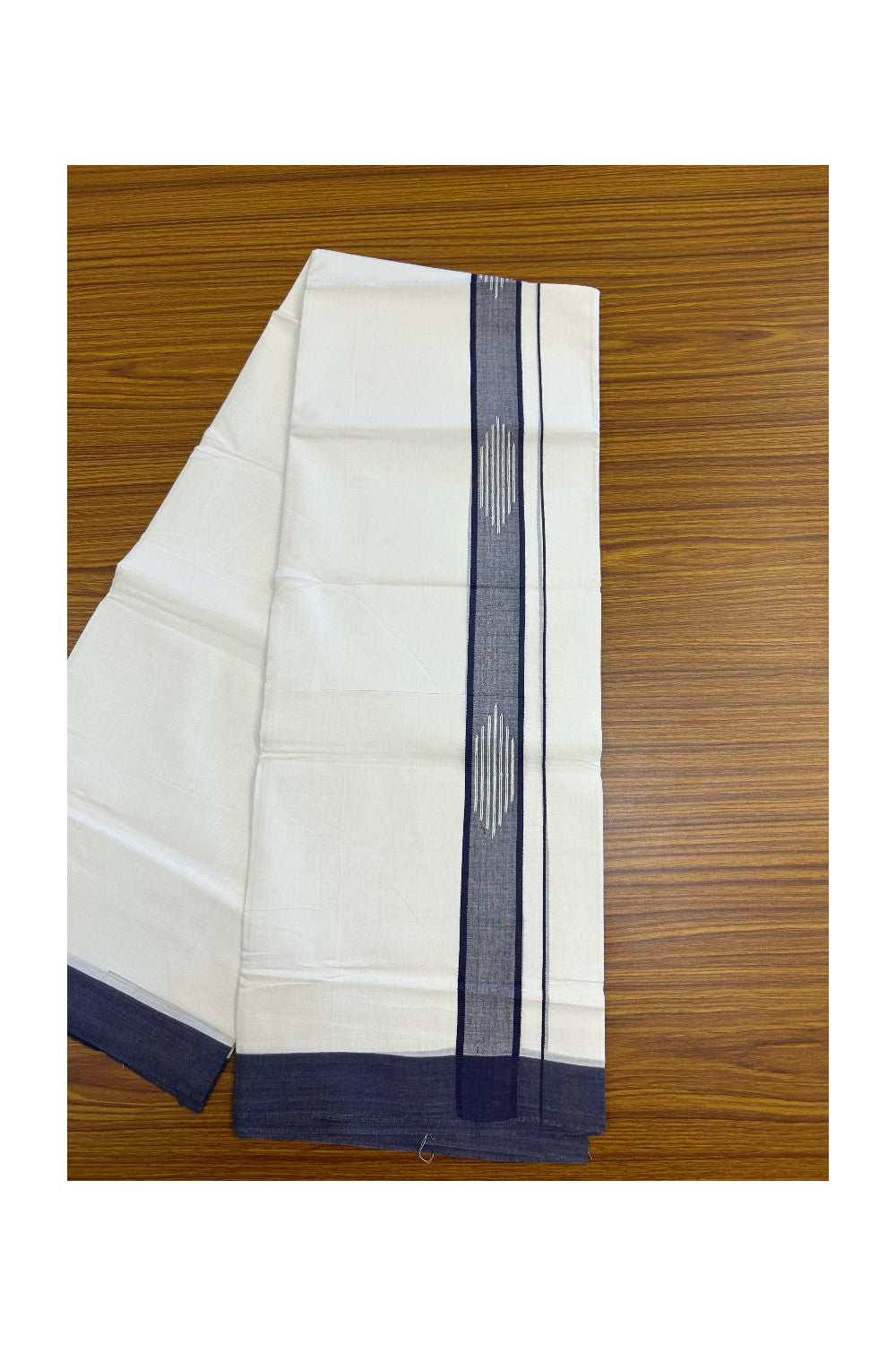 20% DISCOUNT! KaithariKada Balaramapuram Double PURE WHITE 100% Cotton Mundu/Dhoti - 100x80 - 1.5 inch Jacquard Navy Blue Kara Putta Design - 41KK5139THI