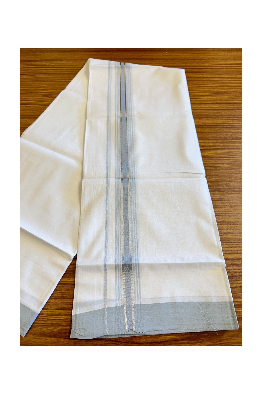 21% DISCOUNT!! Kaitharikada Balaramapuram 100% Cotton Ultra WHITE Double Mundu/Dothi-100x80  2.25 Inch ASH BLUE & SILVER Striped Cotton Kara - 42KK73VAS.