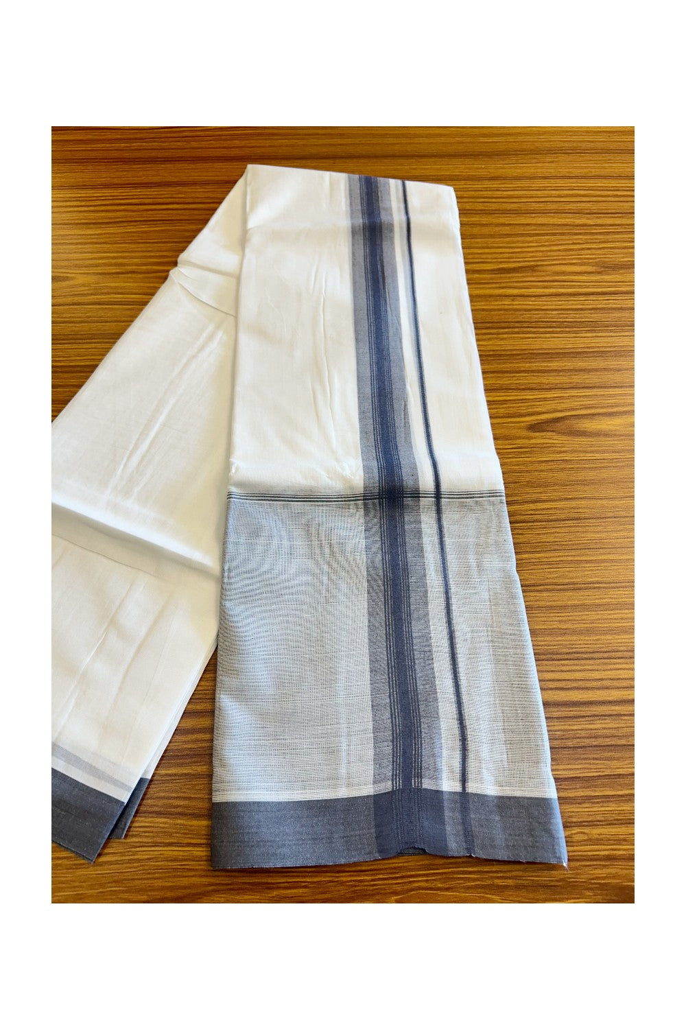 15% DISCOUNT!! Kaitharikada Balaramapuram 100% Cotton Ultra WHITE Double Mundu/Dothi-100x100  2.25 Inch  ASH GRAY SHADED Cotton Kara - 42KK74RAM