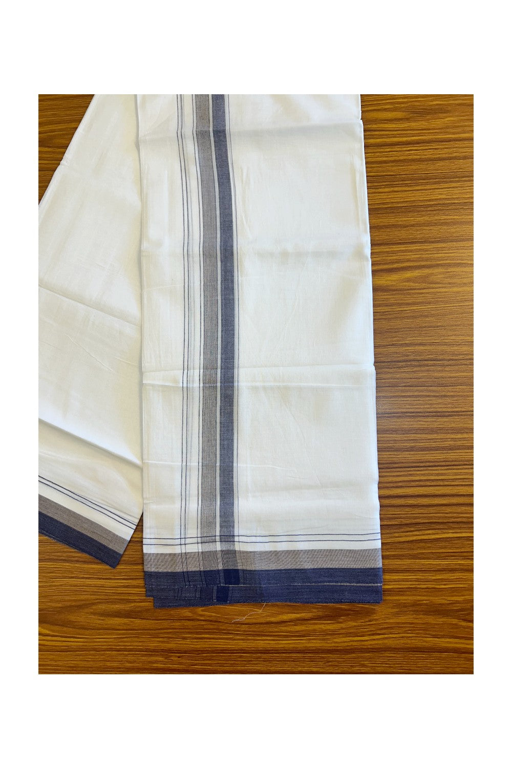 15% DISCOUNT!! Kaitharikada Balaramapuram 100% Cotton Ultra WHITE Double Mundu/Dothi-100x90  2.5 inch Navy Blue shaded stripes kara - 42KK430VAS