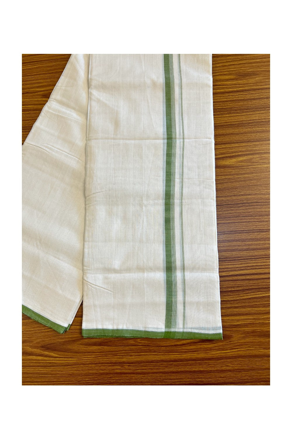 15% Discount!!! KaithariKada HANDLOOM UNAKKUPAAV Balaramapuram - 100% PURE Cotton off white (Unbleached) Double Mundu/Dhoti - Olive green & white stripes kara - 42KK458SOM