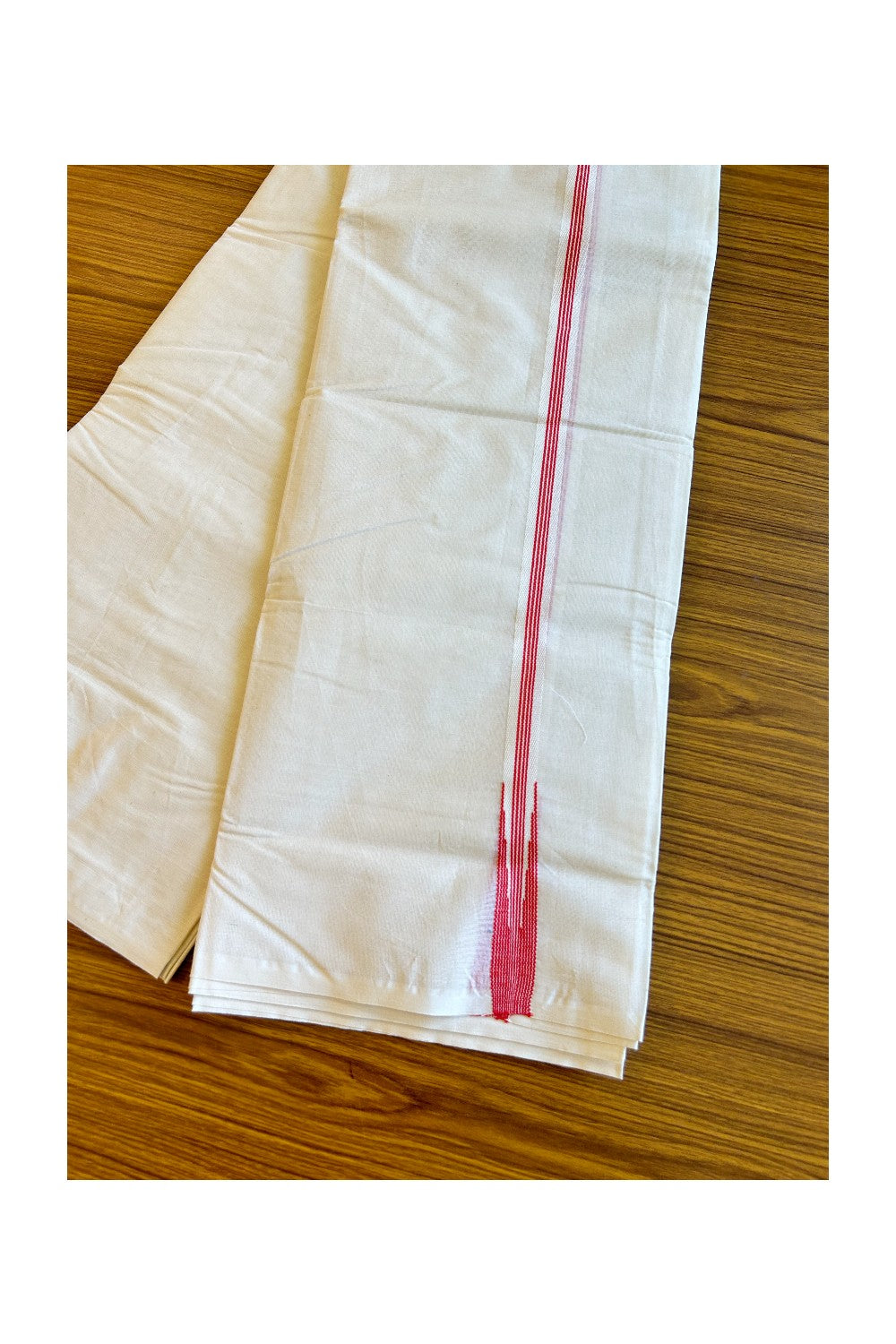 10% Discount ! KaithariKada Balaramapuram 100% Cotton Double Off white Mundu/Dhoti-100x100 Puliyilakkara 2.cm Chutty Pink Red Striped kara - 42KK500KK