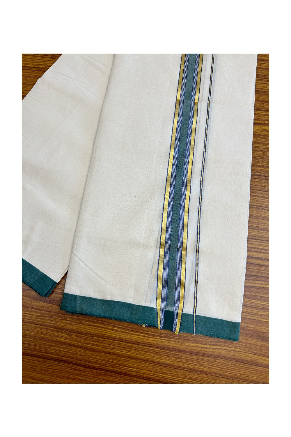 8% DISCOUNT!! KaithariKada HANDLOOM Millpaav Balaramapuram - 100% PURE Cotton OFF White Double - (Unbleached) Mundu/Dothi - 2.45 inch GREEN & GOLD KASAVU BLUE Stripes Kara - 42KK5029RAM