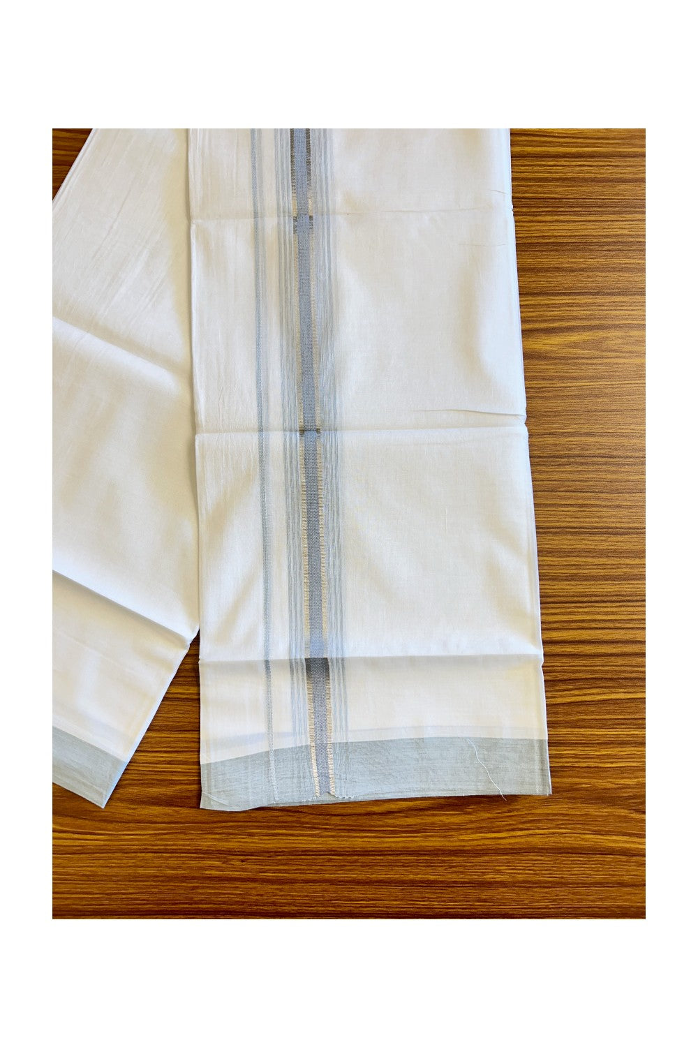 21% DISCOUNT!! Kaitharikada Balaramapuram 100% Cotton Ultra WHITE Double Mundu/Dothi-100x80  2.25 Inch ASH BLUE & SILVER Striped Cotton Kara - 42KK73VAS.