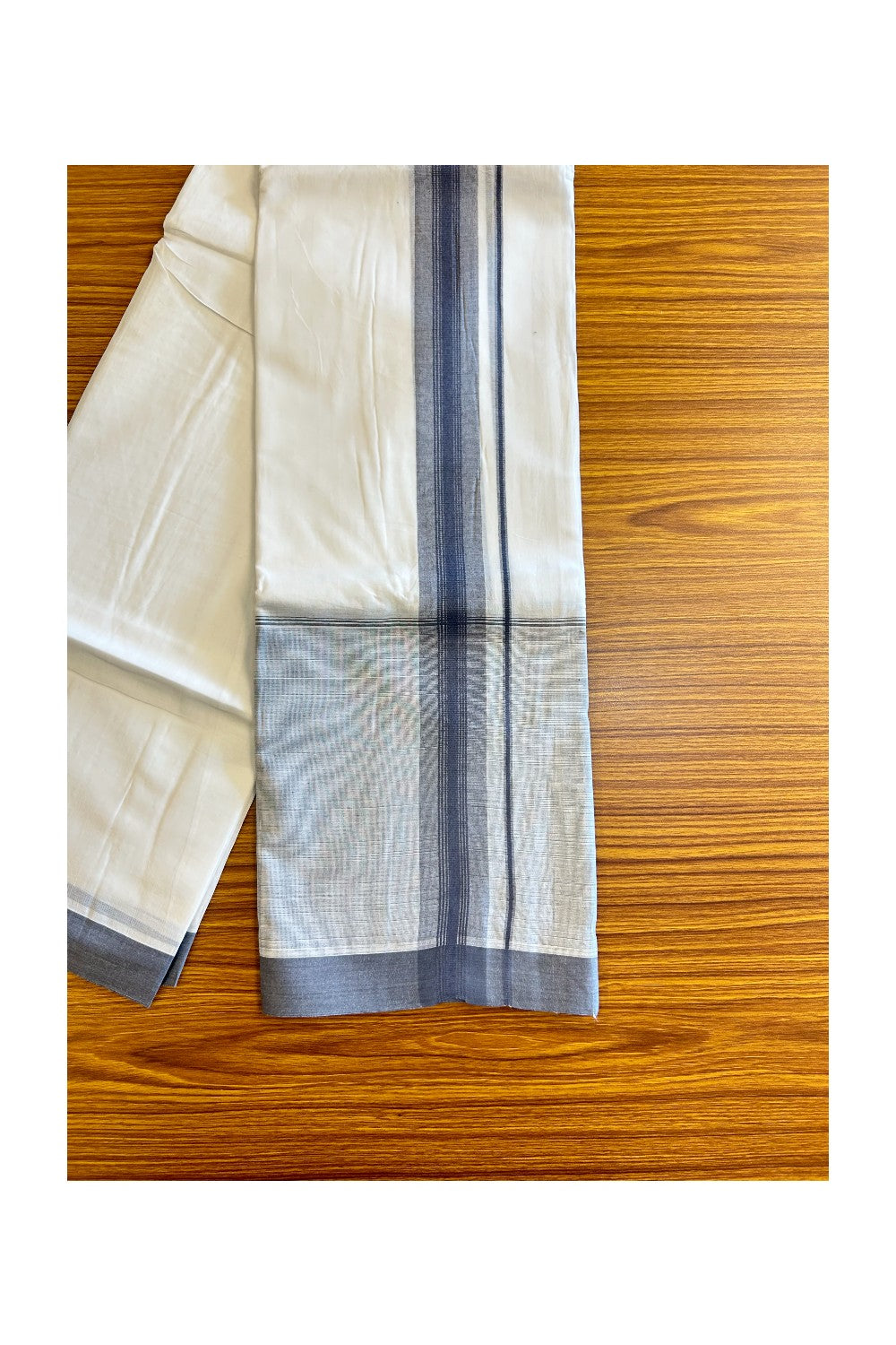 15% DISCOUNT!! Kaitharikada Balaramapuram 100% Cotton Ultra WHITE Double Mundu/Dothi-100x100  2.25 Inch  ASH GRAY SHADED Cotton Kara - 42KK74RAM