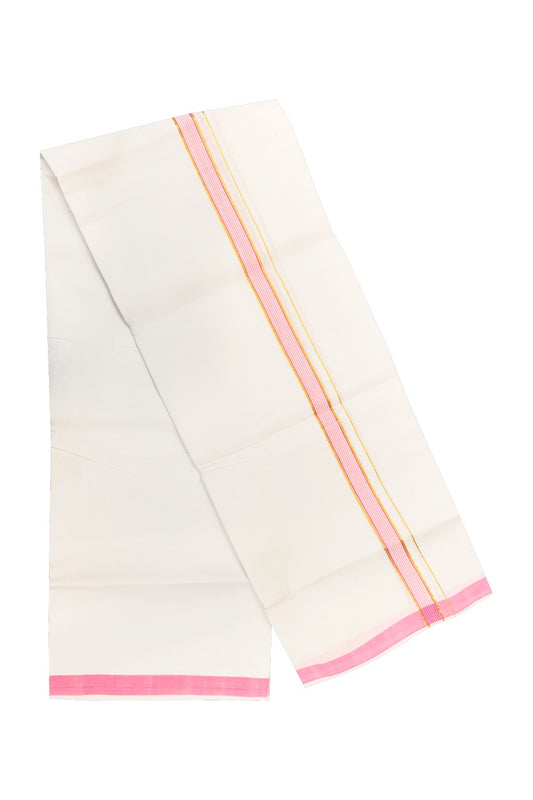 20% OFFER! KaithariKada 100% Cotton Balaramapuram HANDLOOM Single  PURE WHITE Mundu/Dhoti - 1.25 inch Pink  Kara & White Stripes  - 43KAI.