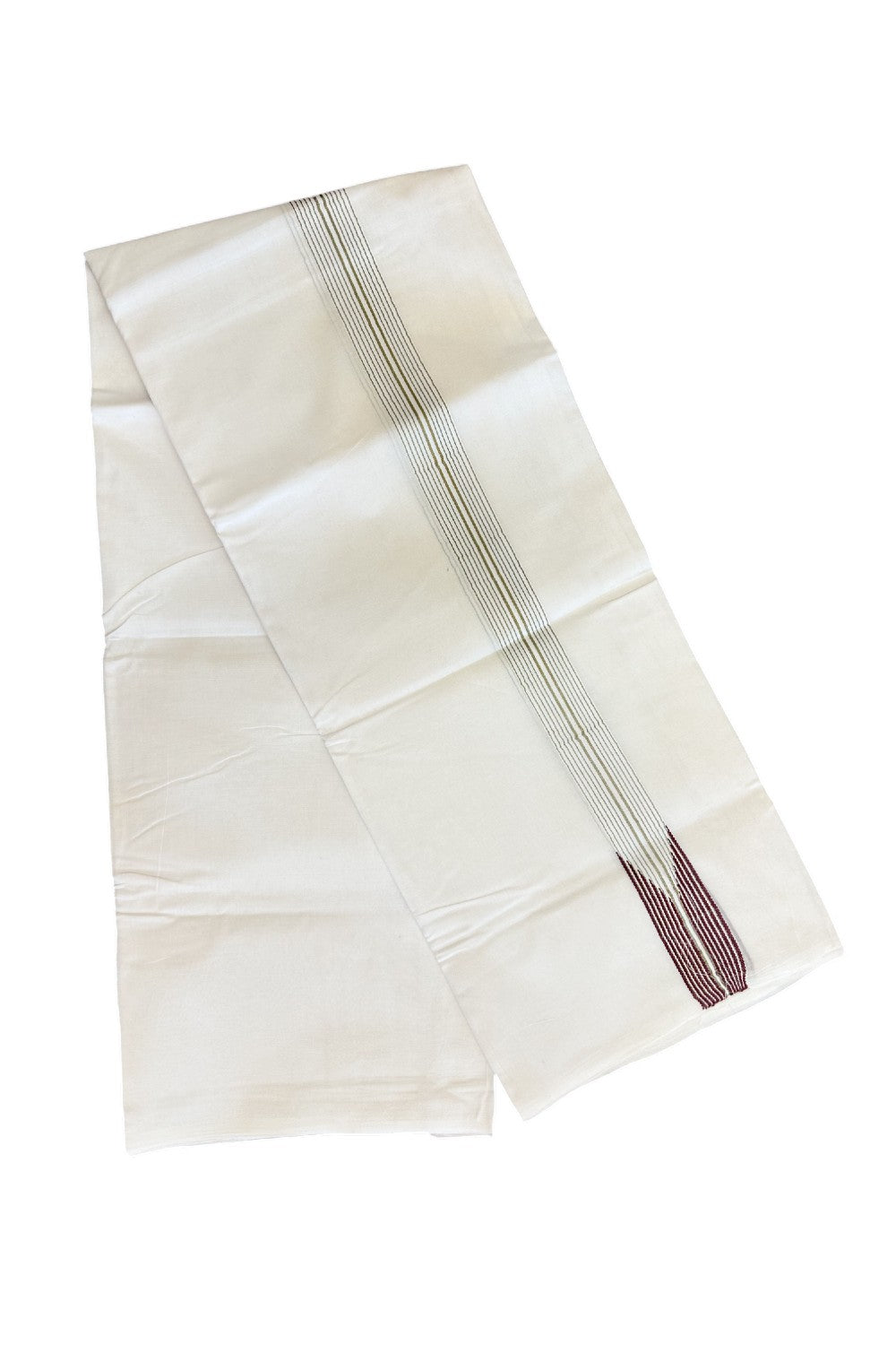 26% DISCOUNT ! KaithariKada Balaramapuram 100% Cotton PURE WHITE Double Dhoti/Mundu-  1.25 inch 12 Line Puliyilakkara Chutty Dark Maroon & Silver Kasavu Kara - 43KK5043ASH