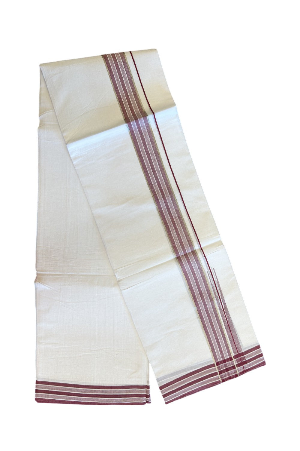 20% DISCOUNT!! Kaitharikada Balaramapuram 100% Cotton PURE WHITE Double Mundu/Dothi - 80X90 - 1.75 Inch Silver Kasav Maroon Stripes Chutty Kara 3.70 m (8 Muzham) - 62KK5115THI