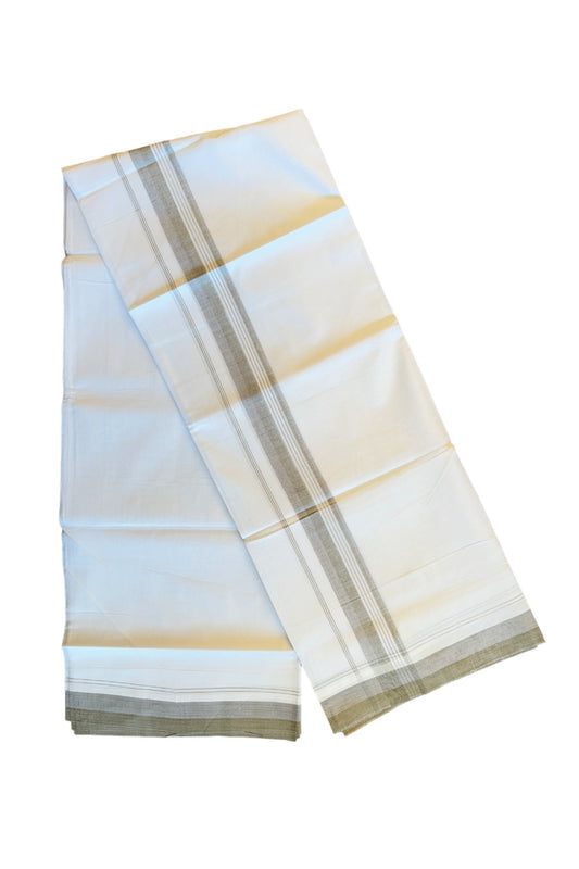 19% DISCOUNT!!! KaithariKada Balaramapuram 100% Cotton Double PURE white Mundu/Dhoti-100x100   2.25 Inch Olive green stripes & pale blue shaded  kara  - 43KK83VIN